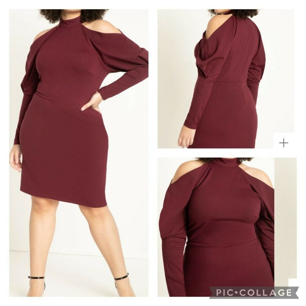 Eloquii Womens Maroon Bodycon Pencil Dress Cold Shoulder Mock Halter Neck 18
